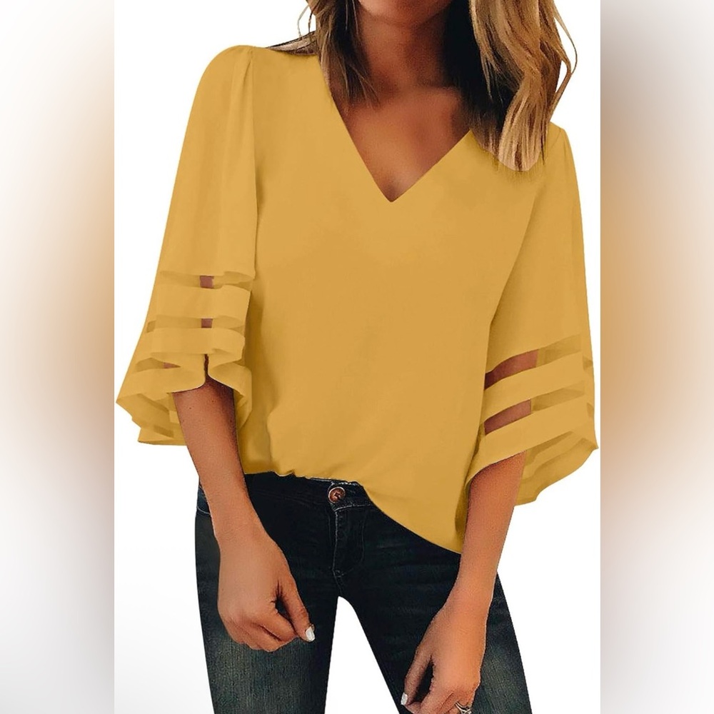 NWT BLENCOT Womens 3/4 Bell Sleeve Fashion V Neck Lace Patchwork Blouse Casual
